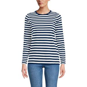 Lands’ End Women’s Relaxed American-Grown Supima Cotton Long Sleeve Crew Neck T-Shirt(Deep Sea Navy Even Stripe)