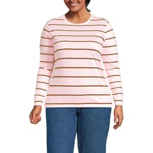 Lands’ End Women’s Relaxed American-Grown Supima Cotton Long Sleeve Crew Neck T-Shirt(Sea Salt Pink/Ginger Stripe)