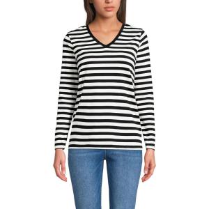 Lands’ End Women’s Relaxed American-Grown Supima Cotton Long Sleeve V-Neck T-Shirt(Black Even Stripe)