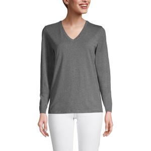 Lands’ End Women’s Relaxed American-Grown Supima Cotton Long Sleeve V-Neck T-Shirt(Charcoal Heather)