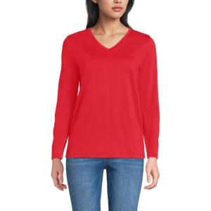 Lands’ End Women’s Relaxed American-Grown Supima Cotton Long Sleeve V-Neck T-Shirt(Compass Red)
