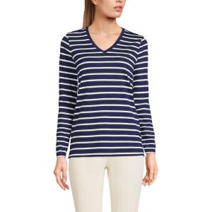Lands’ End Women’s Relaxed American-Grown Supima Cotton Long Sleeve V-Neck T-Shirt(Deep Sea Navy Breton Stripe)