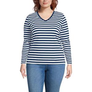 Lands’ End Women’s Relaxed American-Grown Supima Cotton Long Sleeve V-Neck T-Shirt(Deep Sea Navy Even Stripe)