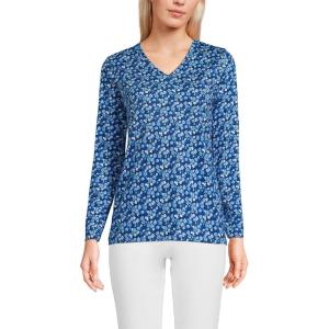 Lands’ End Women’s Relaxed American-Grown Supima Cotton Long Sleeve V-Neck T-Shirt(Deep Sea/Blue Ditsy Floral)
