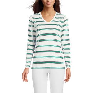 Lands’ End Women’s Relaxed American-Grown Supima Cotton Long Sleeve V-Neck T-Shirt(Ivory/True Green Stripe)