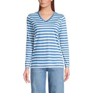 Lands’ End Women’s Relaxed American-Grown Supima Cotton Long Sleeve V-Neck T-Shirt(Muted Cobalt Even Stripe)