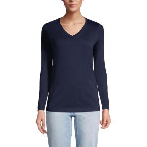 Lands’ End Women’s Relaxed American-Grown Supima Cotton Long Sleeve V-Neck T-Shirt(Radiant Navy)