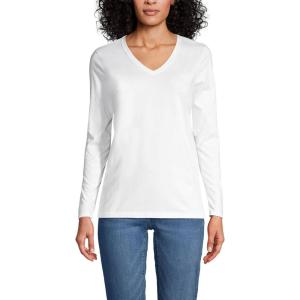 Lands’ End Women’s Relaxed American-Grown Supima Cotton Long Sleeve V-Neck T-Shirt(White)