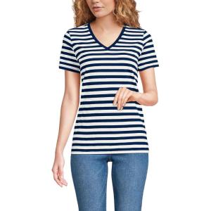 Lands’ End Women’s Relaxed American-Grown Supima Cotton V-Neck T-Shirt(Deep Sea Navy Even Stripe)