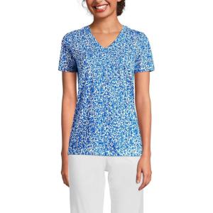 Lands’ End Women’s Relaxed American-Grown Supima Cotton V-Neck T-Shirt(Ivory/Vista Blue Flowers)