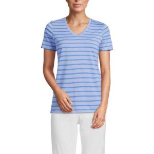 Lands’ End Women’s Relaxed American-Grown Supima Cotton V-Neck T-Shirt(Light Cornflower Dual Stripe)