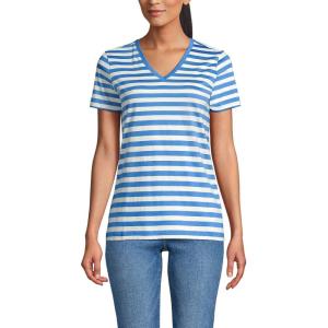 Lands’ End Women’s Relaxed American-Grown Supima Cotton V-Neck T-Shirt(Muted Cobalt Even Stripe)
