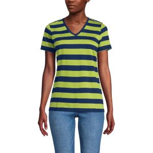Lands’ End Women’s Relaxed American-Grown Supima Cotton V-Neck T-Shirt(Navy/Winter Pear Bold Stripe)