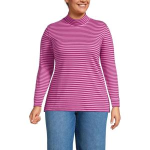 Lands’ End Women’s Relaxed Cotton Long Sleeve Mock Turtleneck Shirt(Aster Pink/Raspberry Stripe)
