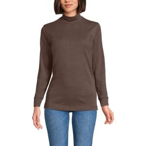 Lands’ End Women’s Relaxed Cotton Long Sleeve Mock Turtleneck Shirt(Bark Brown Heather)