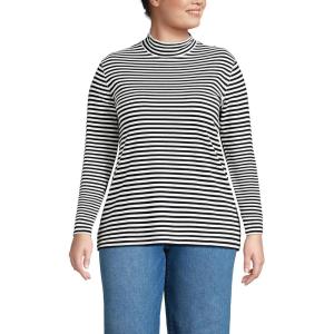 Lands’ End Women’s Relaxed Cotton Long Sleeve Mock Turtleneck Shirt(Black Even Stripe)