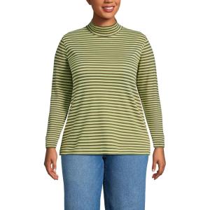 Lands’ End Women’s Relaxed Cotton Long Sleeve Mock Turtleneck Shirt(Olive Drab/Iced Lime Stripe)