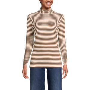 Lands’ End Women’s Relaxed Cotton Long Sleeve Mock Turtleneck Shirt(Rich Ginger/Ivory Stripe)