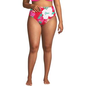 Lands’ End Women’s Ribbed Smoothing High Waisted Bikini Bottoms(Coral Rose Lilies)