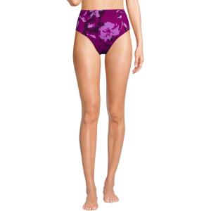 Lands’ End Women’s Ribbed Smoothing High Waisted Bikini Bottoms(Crimson Rose Abstract Floral)