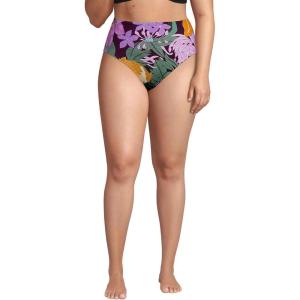 Lands’ End Women’s Ribbed Smoothing High Waisted Bikini Bottoms(Dark Wine Multi Floral Blooms)