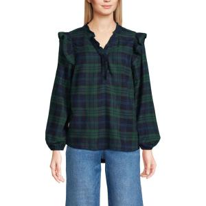 Lands’ End Women’s Ruffle Front Flannel Popover Blouse(Deep Forest Blackwatch Plaid)
