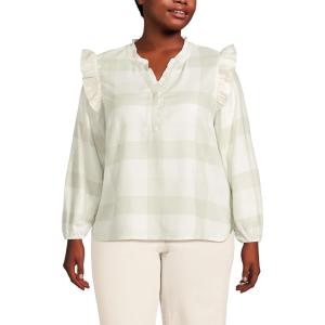 Lands’ End Women’s Ruffle Front Flannel Popover Blouse(Ivory/Portobello Check)