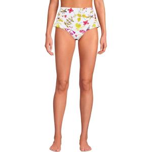 Lands’ End Women’s Ruffle High Waisted High Leg Bikini Bottoms(White Multi Garden Floral)