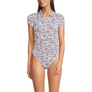 Lands’ End Women’s Short Sleeve Pique Johnny Collar UPF 50 Rash Guard(White Multi Ditsy Floral)
