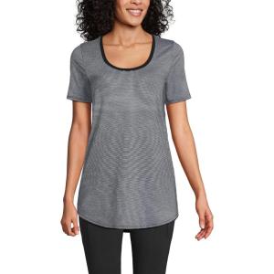 Lands’ End Women’s Short Sleeve Power Performance Scoop Neck Curved Hem Tunic Tee(Black Pinstripe)