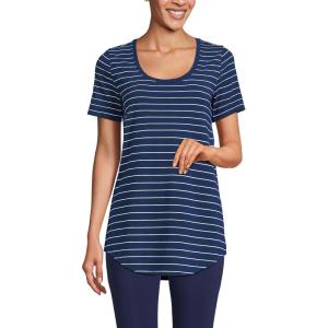 Lands’ End Women’s Short Sleeve Power Performance Scoop Neck Curved Hem Tunic Tee(Deep Sea Navy/White Stripes)