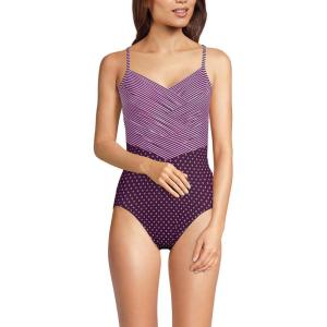Lands’ End Women’s Slender Suit V-Neck Pleated X-Back One Piece Swimsuit Adjustable Straps(Dark Wine Geo/Mini Stripe)