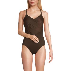Lands’ End Women’s Slender Suit V-Neck Pleated X-Back One Piece Swimsuit Adjustable Straps(Rich Coffee)