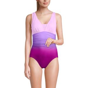 Lands’ End Women’s SlenderSuit Grecian Tummy Control Chlorine Resistant One Piece Swimsuit(Crimson Rose/Purple Ombre)