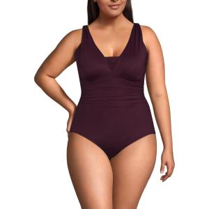 Lands’ End Women’s SlenderSuit Grecian Tummy Control Chlorine Resistant One Piece Swimsuit(Dark Wine)