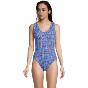 Lands’ End Women’s SlenderSuit Grecian Tummy Control Chlorine Resistant One Piece Swimsuit(Electric Blue Botanical Check)