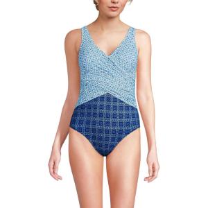 Lands’ End Women’s SlenderSuit Wrap One Piece Swimsuit(Navy/White Mosaic Mini Tile)
