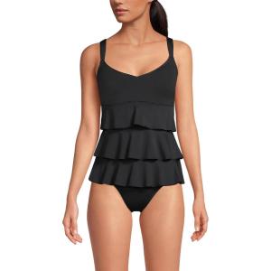 Lands’ End Women’s Smoothing Control Ruffle Fauxkini One Piece Swimsuit(Black)