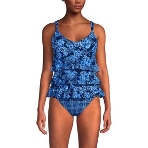 Lands’ End Women’s Smoothing Control Ruffle Fauxkini One Piece Swimsuit(Navy Mosaic Floral/Tile Mix)