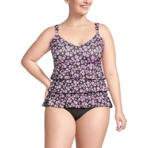 Lands’ End Women’s Smoothing Control Ruffle Fauxkini One Piece Swimsuit(Olive Green Pansy Floral)