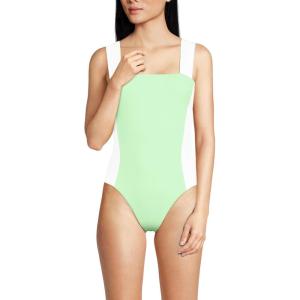 Lands’ End Women’s Square Neck High Leg One Piece Swimsuit(Icy Mint/White)
