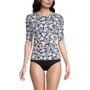 Lands’ End Women’s Sunshade UPF 50 Elbow Sleeve Relaxed Rash Guard(Black Havana Floral)