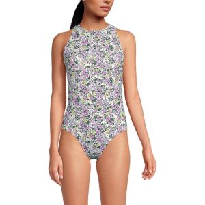Lands’ End Women’s Tugless High Neck Portrait Back One Piece Swimsuit(White Multi Ditsy Floral)
