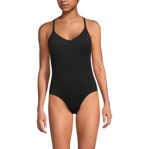 Lands’ End Women’s Tugless Quickdry V-Neck Multi-Way High Leg One Piece Swimsuit(Black)