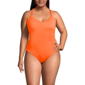 Lands’ End Women’s Tugless Quickdry V-Neck Multi-Way High Leg One Piece Swimsuit(Neon Tangerine)