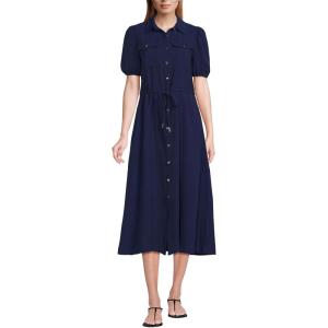 Lands’ End Women’s Twill Button Front Fluid Short Sleeve Dress(Deep Sea Navy)