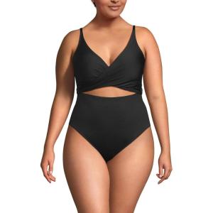 Lands’ End Women’s Wrap Monokini High Leg One Piece Swimsuit(Black)