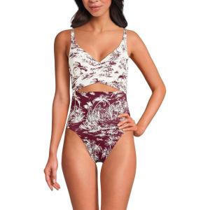 Lands’ End Women’s Wrap Monokini High Leg One Piece Swimsuit(Egret/Burgundy Scenic Mix)