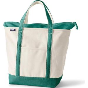 Lands’ End Zip Top Canvas Tote Bag(Natural/Bright Spruce)