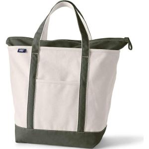 Lands’ End Zip Top Canvas Tote Bag(Natural/Dark Olive Green)